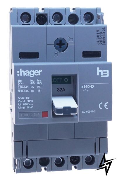 Электро-автомат x160, In=32А, 3п, 18kA HDA032L Hager фото