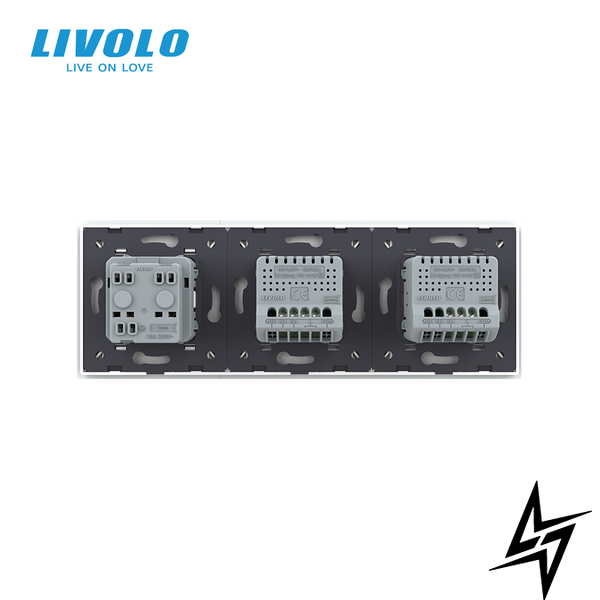 Сенсорний вимикач 3 сенсора (1-2) 1 розетка Livolo білий скло (VL-C701/C702/C7C1EU-11) VL-C7FC1/FC2/FCTC16A-6WP фото