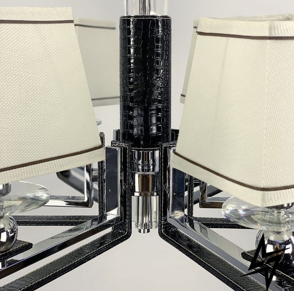 Классический светильник с тканевым абажуром с экокожией черного цвета LE30797 10xE14 Черный/Белый S 1449 BK фото в живую, фото в дизайне интерьера