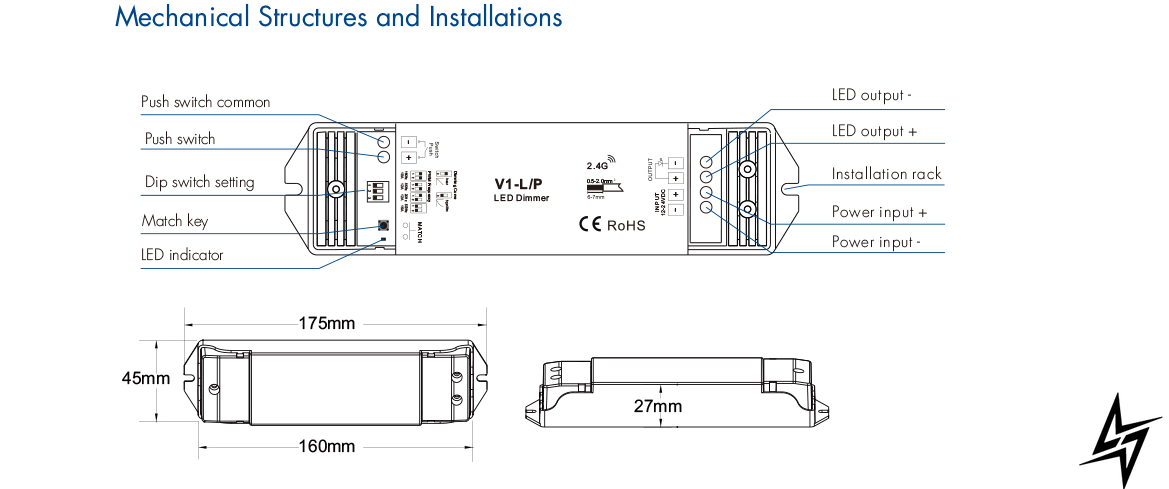 LED-диммер DEYA 12-48VDC, 15A*1CH, PUSH-DIM V1-L/P V1-L/P фото