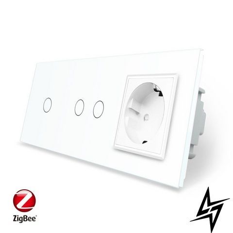 Умный сенсорный ZigBee выключатель 3 сенсора (1-2) 1 розетка Livolo белый стекло (VL-C701Z/C702Z/C7C1EU-11) фото