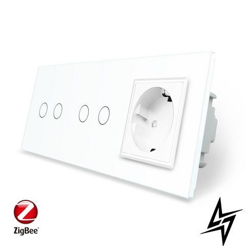Умный сенсорный ZigBee выключатель 4 сенсора (2-2) 1 розетка Livolo белый стекло (VL-C702Z/C702Z/C7C1EU-11) фото