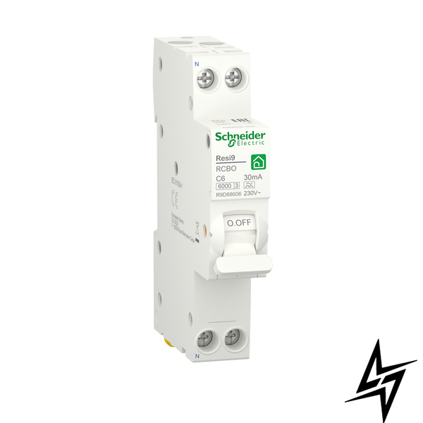 Компактний диференційний автоматичний вимикач Schneider Electric Resi9 6 А 30 мA 1P+N 6кA С тип А R9D88606 фото