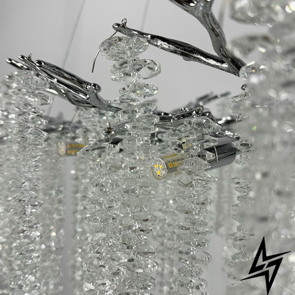 Удлиненная изящная серебряная люстра с хрустальными подвесами LE41166 16xG9 100см Хром/Прозрачный 33001-L1500 CR фото в живую, фото в дизайне интерьера