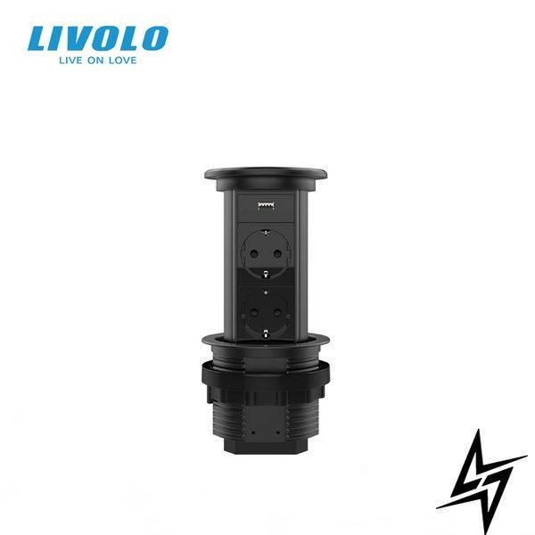 Выдвижая розетка из двух розеток и USB Livolo черный (VL-SHS019-FCTC-B) фото