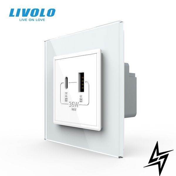 Розетка USB-A та USB-C з Power Delivery 36W Livolo білий скло (VL-C7FCUA18W.UC18W-2WP) фото