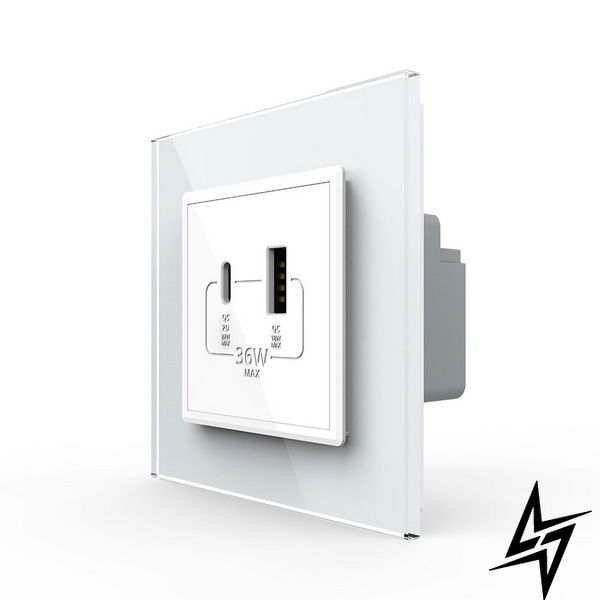 Розетка USB-A та USB-C з Power Delivery 36W Livolo білий скло (VL-C7FCUA18W.UC18W-2WP) фото