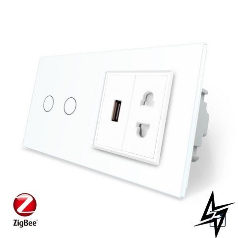 Розумний сенсорний прохідний/перехресний вимикач 2 сенсора 1 розетка 1 USB Livolo білий скло (VL-C702SZ/C7USBC1A-11) фото