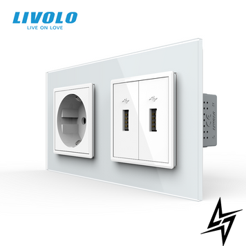 Розетка з заземленням з 2 USB розетками Livolo білий скло (VL-C7C1EU2USB-11) фото
