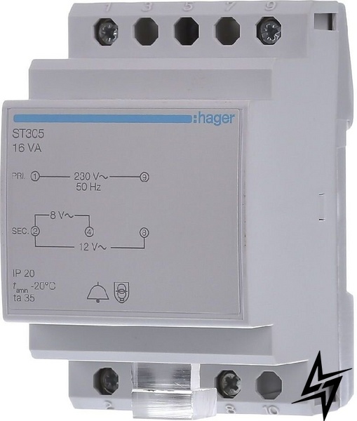 Модульний трансформатор ST305 для дзвінка 230В / 8-12В 16ВА Hager фото