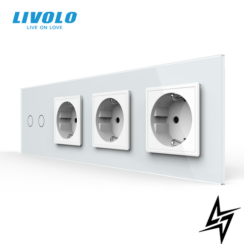 Сенсорний вимикач 2 сенсора 3 розетки Livolo білий скло (VL-C702/C7C3EU-11) фото
