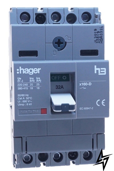 Електро-автомат x160, In = 32А, 3п, 18kA HDA032L Hager фото
