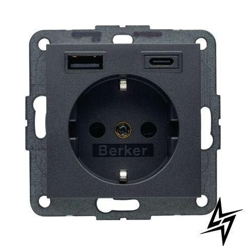 Розетка с ж/к + USB A/C 20W PD S.1/B.3 антрацит Berker 48141606 фото