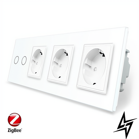 Умный сенсорный ZigBee выключатель 2 сенсора 3 розетки Livolo белый стекло (VL-C702Z/C7C3EU-11) фото