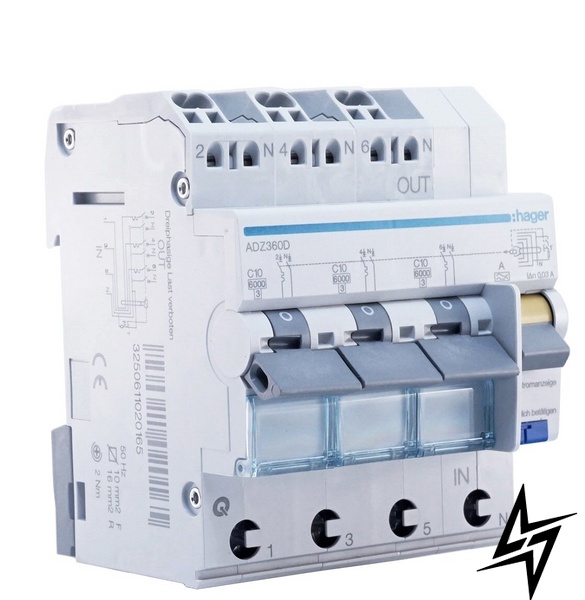 Дифференциальный автоматический выключатель ADZ360D, C10А, 30мА, Hager фото