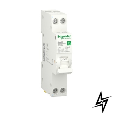 Компактний диференційний автоматичний вимикач Schneider Electric Resi9 10 А 10 мA 1P+N 6кA С тип А R9D81610 фото