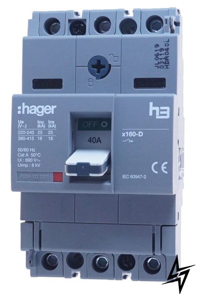 Автоматичний вимикач x160, In = 40А, 3п, 18kA HDA040L Hager фото