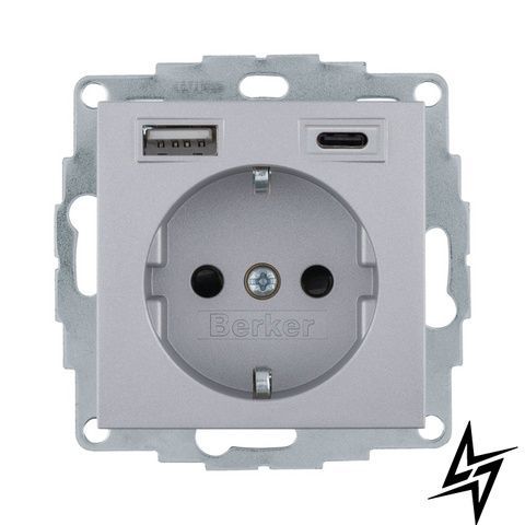Розетка с ж/к + USB A/C 20W PD S.1/B.3 алюминий Berker 48141404 фото