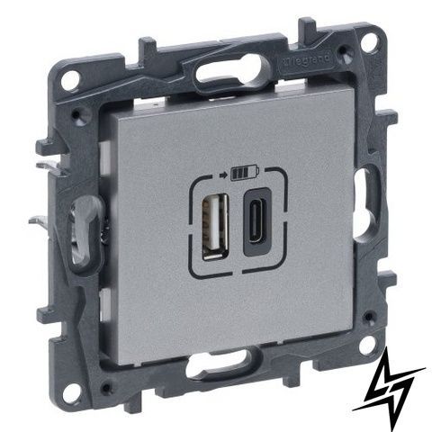 USB-розетка Legrand 863340B Niloe Step, алюминий, 2&times;USB USB-C USB-A, IP20 863340B фото