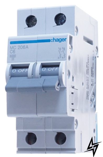 Автоматичний вимикач Hager MC206A 2P 6A C 6kA фото